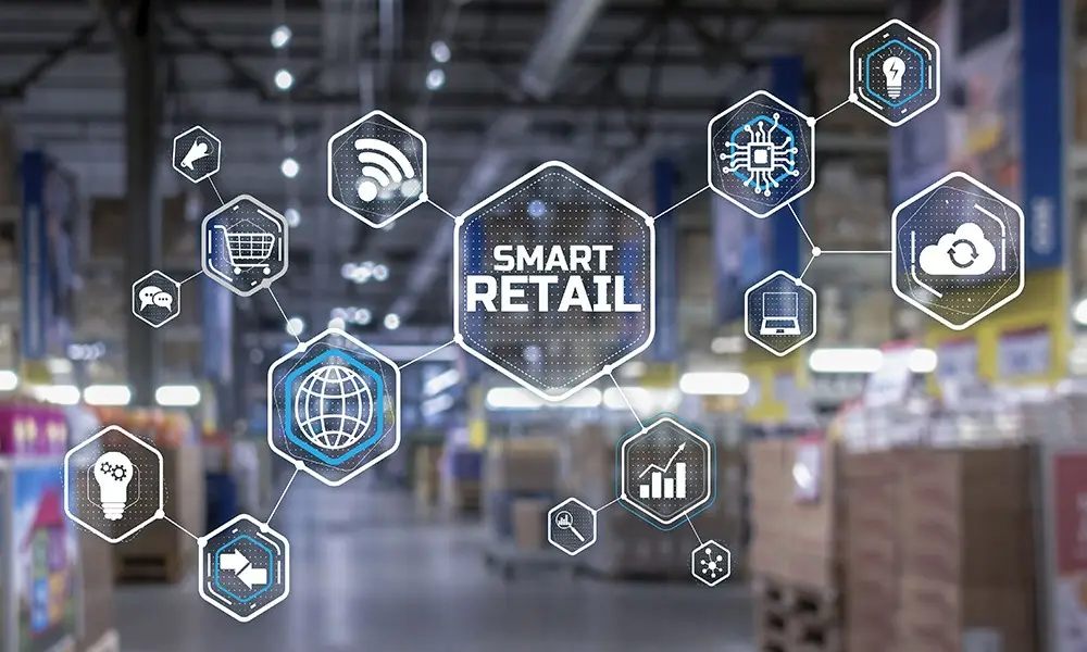 Transparente verbundene 6-eckige Icons über Smart Retail im Kommissionierbereich eines Hochregallagers