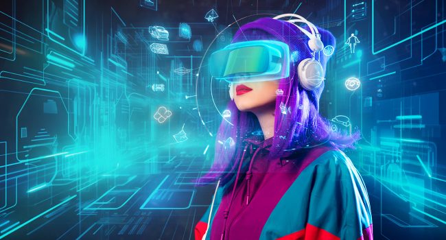 Frau mit Kapuzenjacke, lila Haaren, lila Mütze, Kopfhörer und Cyberbrille in futuristischer Atmosphäre.