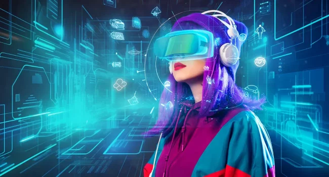 Frau mit Kapuzenjacke, lila Haaren, lila Mütze, Kopfhörer und Cyberbrille in futuristischer Atmosphäre.
