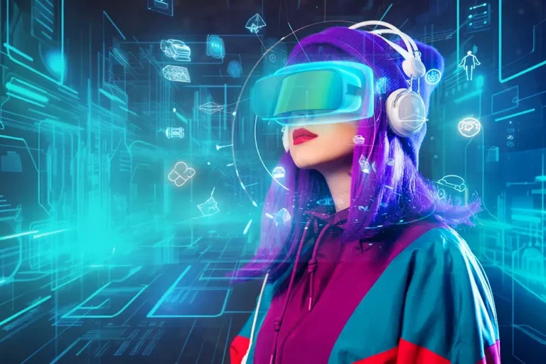 EBC_AdobeStock_589441668 Frau mit Kapuzenjacke, lila Haaren, lila Mütze, Kopfhörer und Cyberbrille in futuristischer Atmosphäre.