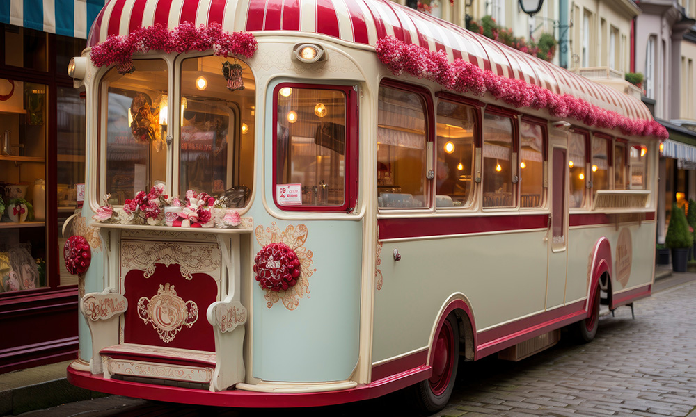 Nostalgischer rot-mint-cremefarbener Bus mit roten Blumenschmuck und rotweiss-gestreiftem Dach