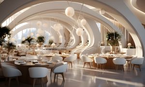 Futuristischer cremefarbiger Speisesaal eins Hotels mit ballonartigen Lampen