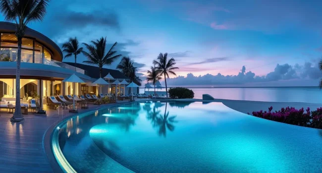 Infinity-Pool eines Luxushotels in der Karibik bei Sonnenuntergang mit Blick auf das Meer