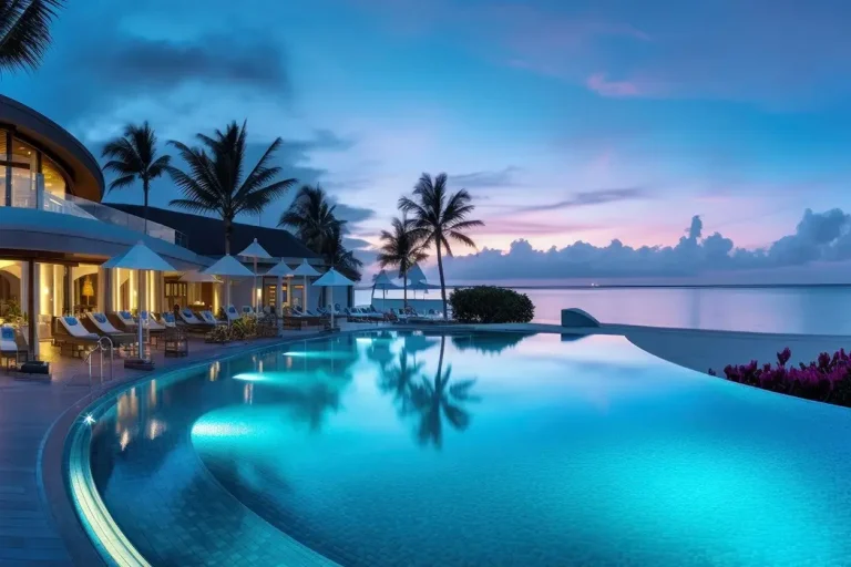 EBC_AdobeStock_635410147 Infinity-Pool eines Luxushotels in der Karibik bei Sonnenuntergang mit Blick auf das Meer