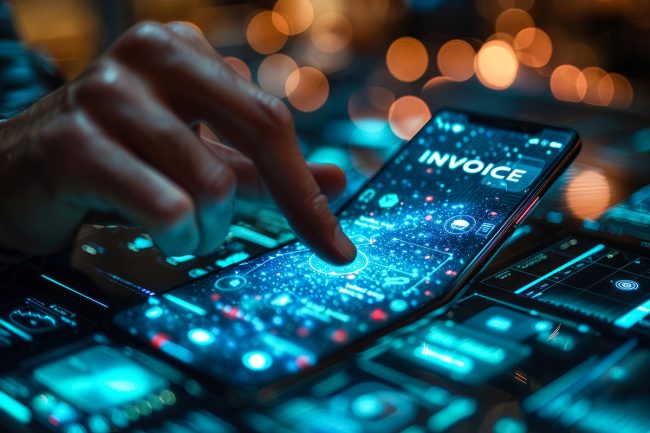 Hand drückt mit Finger auf Smartphone mit ausklappbarem Display, das den Prozess der e-Rechnung visualisiert