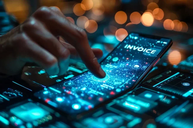 Hand drückt mit Finger auf Smartphone mit ausklappbarem Display, das den Prozess der e-Rechnung visualisiert