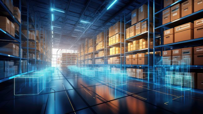 futuristisches Hochregallager zur besseren Bestandsverwaltung