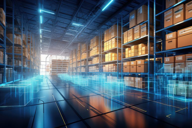 futuristisches Hochregallager zur besseren Bestandsverwaltung