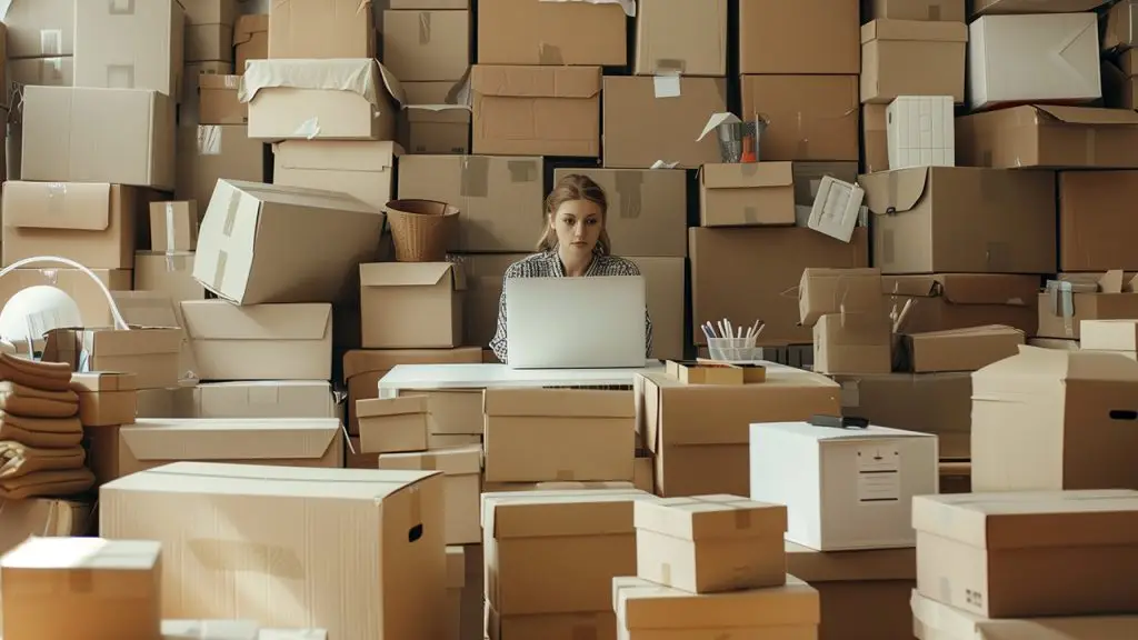 Frau sitzt vor dem Notebook inmitten vieler Kartons. Beispiel für schlechtes Lagermanagement