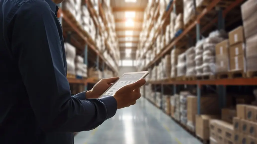 Mann mit Tablet in der Hand steht vor Hochregallager. Softwarelösung, um Inventar und Lagerbestand im Griff zu haben.