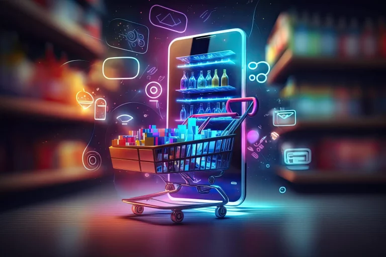 Futuristic online shopping technology digital payment from mobile phone. Generative AI Ein KI generiertes Bild mit einen Einkaufwagen und einem Handy