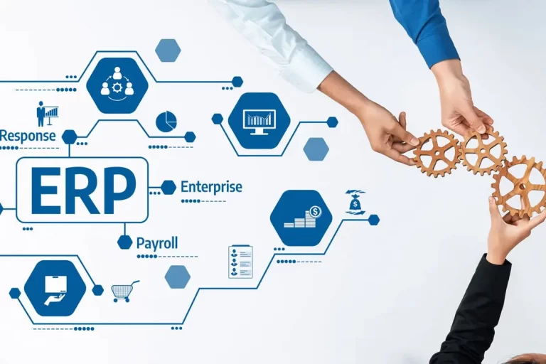 Collaborative Business Strategy and Planning for Enterprise Resource Management with Gears and Workflow Icons in a Corporate Setting. Amity ERP Visualisierung mit Zahnrädern