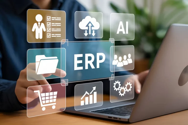Businessman using ERP software with modern interface on laptop for efficiency Mann sitzt vor einem Notebook und schaut sich Dinge über ERP an