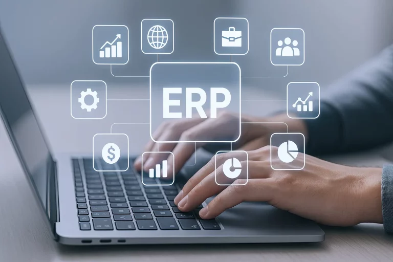 Modern business professional interacting with digital ERP software interface on laptop. Visualisierung eines ERP Systems und der Abteilungen, die man dort bündeln kann