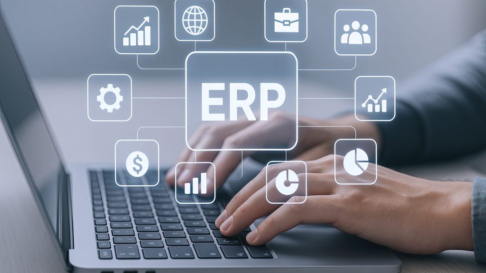 Modern business professional interacting with digital ERP software interface on laptop. Visualisierung eines ERP Systems und der Abteilungen, die man dort bündeln kann