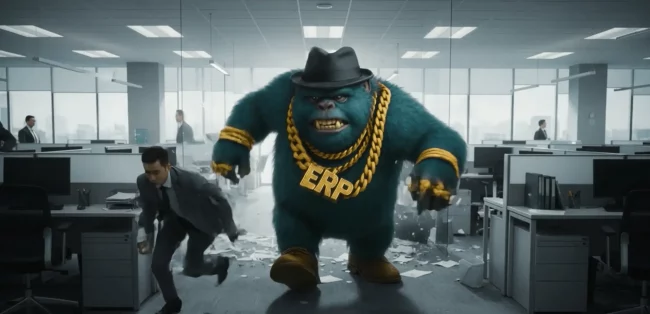 ERP Monster dass durch ein Großraumbüro geht