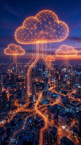 Eine digitale Wolke die über einer Stadt schwebt