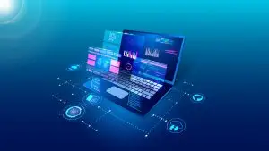 Ein computer vor dem ein virtueller Desktop schwebt mit verschiedenen Schnittstellen
