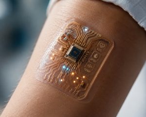 Nahaufnahme eines futuristischen, auf der menschlichen Haut angebrachten medizinischen Pflasters mit transparenter Biosensor-Schaltung und Indikatoren zur Gesundheitsüberwachung in Echtzeit. Ein Konzept für fortschrittliche digitale Gesundheitstechnologie, das intelligente Diagnostik, biometrische Erfassung, EKG, SpO2- und Körpertemperaturüberwachung in einem eleganten Wearable der nächsten Generation vereint. Ideal für Themen wie Telemedizin, Biotech-Innovationen, personalisierte Gesundheitsversorgung, medizinische KI, Fernüberwachung von Patienten und zukünftige Gesundheitstechnologien.