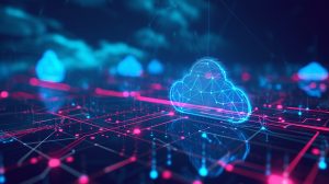 Ein futuristisches Netzwerk aus Cloud-Computing und Blockchain-Technologie – Eine dynamische 3D-Polygon-Illustration, die die vernetzte Welt der digitalen Währungen und moderner Technologien darstellt