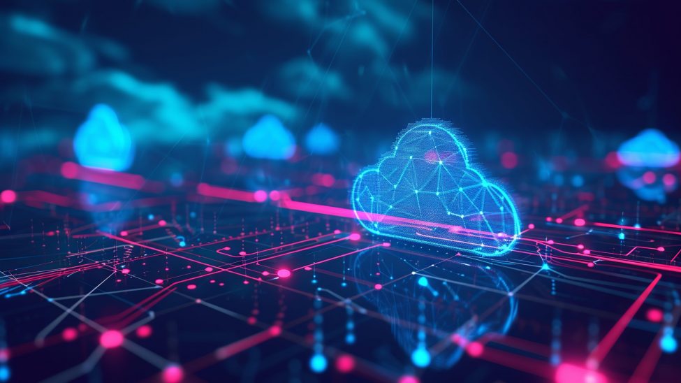 Ein futuristisches Netzwerk aus Cloud-Computing und Blockchain-Technologie – Eine dynamische 3D-Polygon-Illustration, die die vernetzte Welt der digitalen Währungen und moderner Technologien darstellt