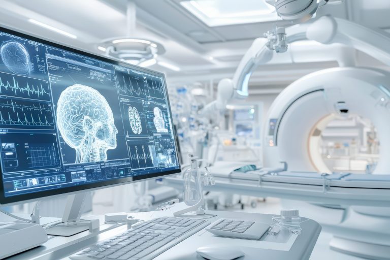 A state-of-the-art medical imaging room with a brain scan displayed on a monitor and advanced diagnostic equipment, showcasing high-tech healthcare technologies. Ein hochmoderner Raum für medizinische Bildgebung, in dem auf einem Monitor ein Gehirnscan zu sehen ist und moderne Diagnosegeräte stehen, die die Hightech-Technologien im Gesundheitswesen veranschaulichen.