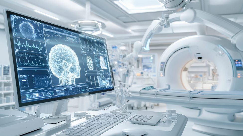 Ein hochmoderner Raum für medizinische Bildgebung, in dem auf einem Monitor ein Gehirnscan zu sehen ist und moderne Diagnosegeräte stehen, die die Hightech-Technologien im Gesundheitswesen veranschaulichen.