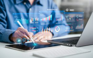 Ein Analyst nutzt KI-gestützte Datenanalysen. Dashboard-Berichte, Betriebsdiagramme, KPI-Einblicke und SEO. Big-Data-Technologie, Geschäftsanalyse und Automatisierung durch künstliche Intelligenz.