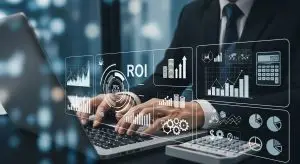 Geschäftsmann, der auf seinem Laptop ROI-Daten analysiert, wobei Finanzdiagramme und -grafiken auf dem Bildschirm eingeblendet sind