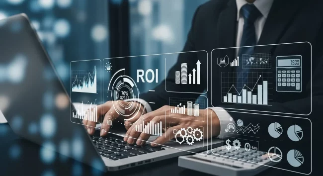 Businessman analyzing roi data on laptop with financial charts and graphs overlayed on screen Geschäftsmann, der auf seinem Laptop ROI-Daten analysiert, wobei Finanzdiagramme und -grafiken auf dem Bildschirm eingeblendet sind