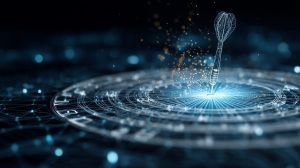 Futuristische digitale Schnittstelle mit einem handförmigen Hologramm, das mit einem kreisförmigen Datenring interagiert und damit die Automatisierung und Digitalisierung von Geschäftsprozessen symbolisiert.