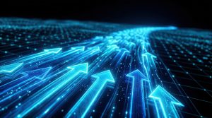 Blau leuchtende Pfeile auf einem digitalen Raster, die für strategische Ausrichtung und Veränderungsmanagement stehen.