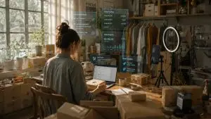 E-Commerce-Unternehmerin, die an ihrem Laptop arbeitet und dabei ein futuristisches Smart-Dashboard mit HUD-Overlay für den Online-Verkauf und die Auftragsverfolgung nutzt