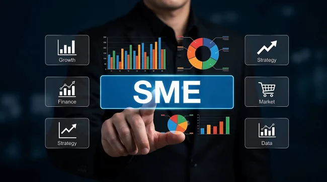 Businessman Touching SME Business Growth Strategy Analytics Interface Dashboard Screen Geschäftsmann, der die Analyseoberfläche des Dashboards zur Wachstumsstrategie für KMU berührt