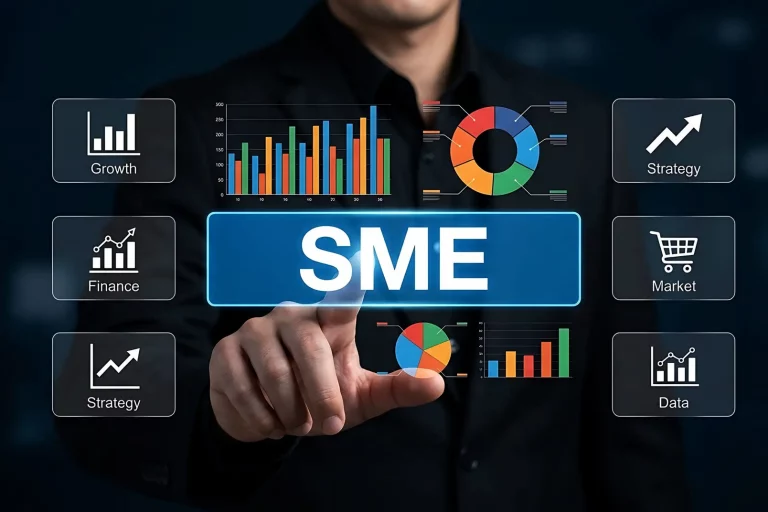 Businessman Touching SME Business Growth Strategy Analytics Interface Dashboard Screen Geschäftsmann, der die Analyseoberfläche des Dashboards zur Wachstumsstrategie für KMU berührt