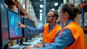 Ein Mann und eine Frau in orangefarbenen Westen arbeiten an Computern in einem Lager. Sie analysieren Daten auf Bildschirmen mit Diagrammen und Grafiken und besprechen dabei Fragen der Logistik und der Bestandsverwaltung für die Lieferkette.