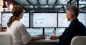Zwei Fachleute besprechen gemeinsam die Integration von ERP-Software auf ihren Desktop-Monitoren.