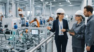 Eine Geschäftsfrau besichtigt eine moderne Fabrik. Fachleute begutachten eine automatisierte Produktionslinie.