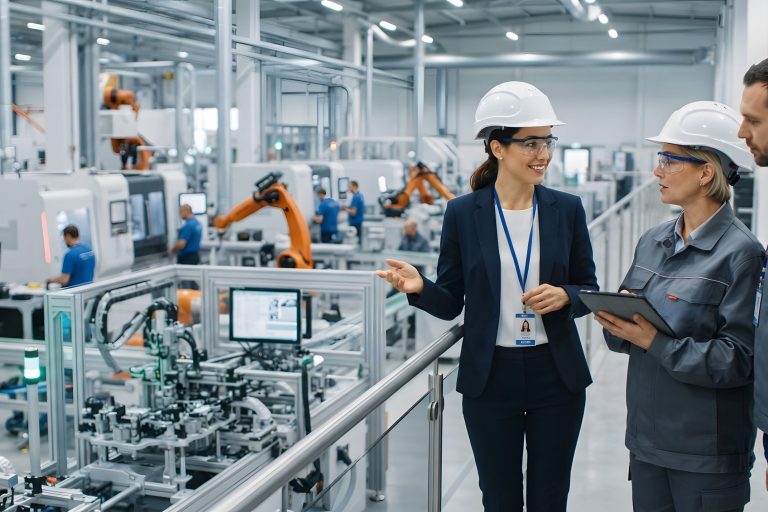 Eine Geschäftsfrau besichtigt eine moderne Fabrik. Fachleute begutachten eine automatisierte Produktionslinie.