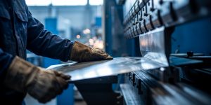 Biegemaschine für Bleche und Fabrikarbeiter, die präzise Metallbearbeitung, den Betrieb einer Abkantpresse und die Blechumformung demonstrieren und damit die industrielle Fertigung und Schwerindustrie repräsentieren