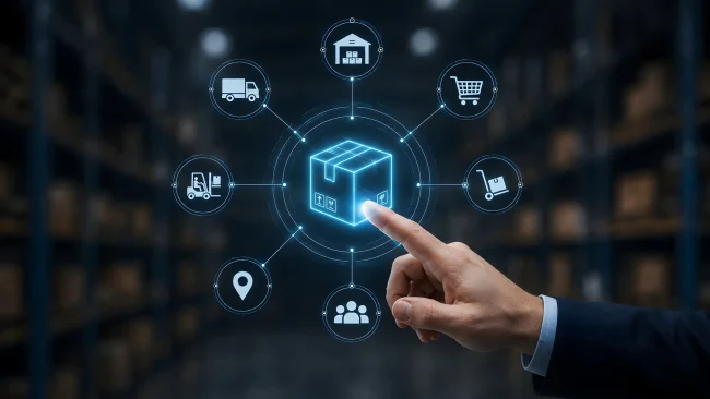AdobeStock_2151550273 Logistik; Lieferkette; Management; Software; Nachverfolgung; Dashboard; leuchtend; Benutzeroberfläche; Geschäftsmann; Hand; berühren; Karton; Symbole; Lager; Bestand; digital; Technologie; Auftragsabwicklung; E-Commerce; Vertrieb; Versand; Lieferung; Netzwerk; intelligent; Steuerung; Optimierung; Automatisierung; System; kommerziell; Wirtschaft; Betrieb; Strategie; Industrie; Verbindung; Cyberspace; virtuell; Hologramm; Bildschirm; futuristisch; interaktiv; Analytik; Planung; Manager; online; Prozess; Übersetzt mit DeepL.com (kostenlose Version)