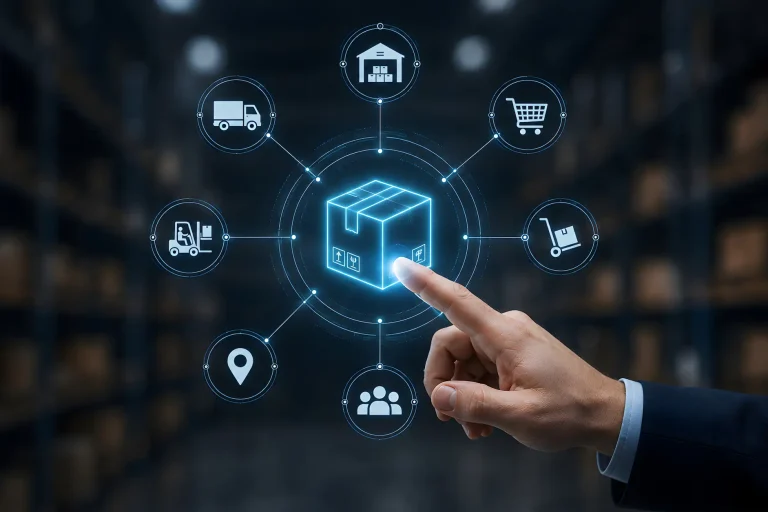 AdobeStock_2151550273 Logistik; Lieferkette; Management; Software; Nachverfolgung; Dashboard; leuchtend; Benutzeroberfläche; Geschäftsmann; Hand; berühren; Karton; Symbole; Lager; Bestand; digital; Technologie; Auftragsabwicklung; E-Commerce; Vertrieb; Versand; Lieferung; Netzwerk; intelligent; Steuerung; Optimierung; Automatisierung; System; kommerziell; Wirtschaft; Betrieb; Strategie; Industrie; Verbindung; Cyberspace; virtuell; Hologramm; Bildschirm; futuristisch; interaktiv; Analytik; Planung; Manager; online; Prozess; Übersetzt mit DeepL.com (kostenlose Version)