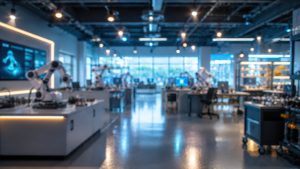 Unscharfer Blick auf ein modernes Robotiklabor – Arbeitsbereich, Automatisierung, Roboterarm-Technologie, Einrichtung, Forschung, Innovation, Laborinnenraum, industrielle Fertigung, Ingenieurwesen