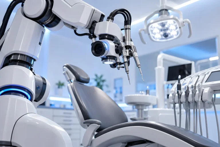 Robotergestütztes Operationssystem mit Kamera und chirurgischen Instrumenten in einem modernen OP-Saal.