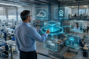 Ein Mann steht in einem Lager. Vor ihm erscheint virtuell eine symbolisierte ErP Plattform