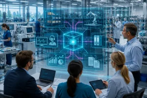 Ein Team aus 3 Personen steht vor einem virtuellen Dashboard