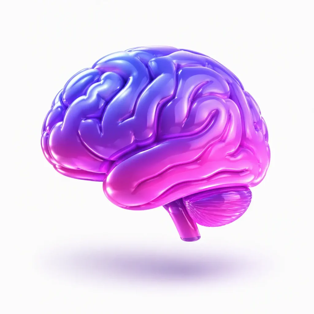 Dreidimensionales violettes Gehirn als Symbol für Wissen, Denken und künstliche Intelligenz.