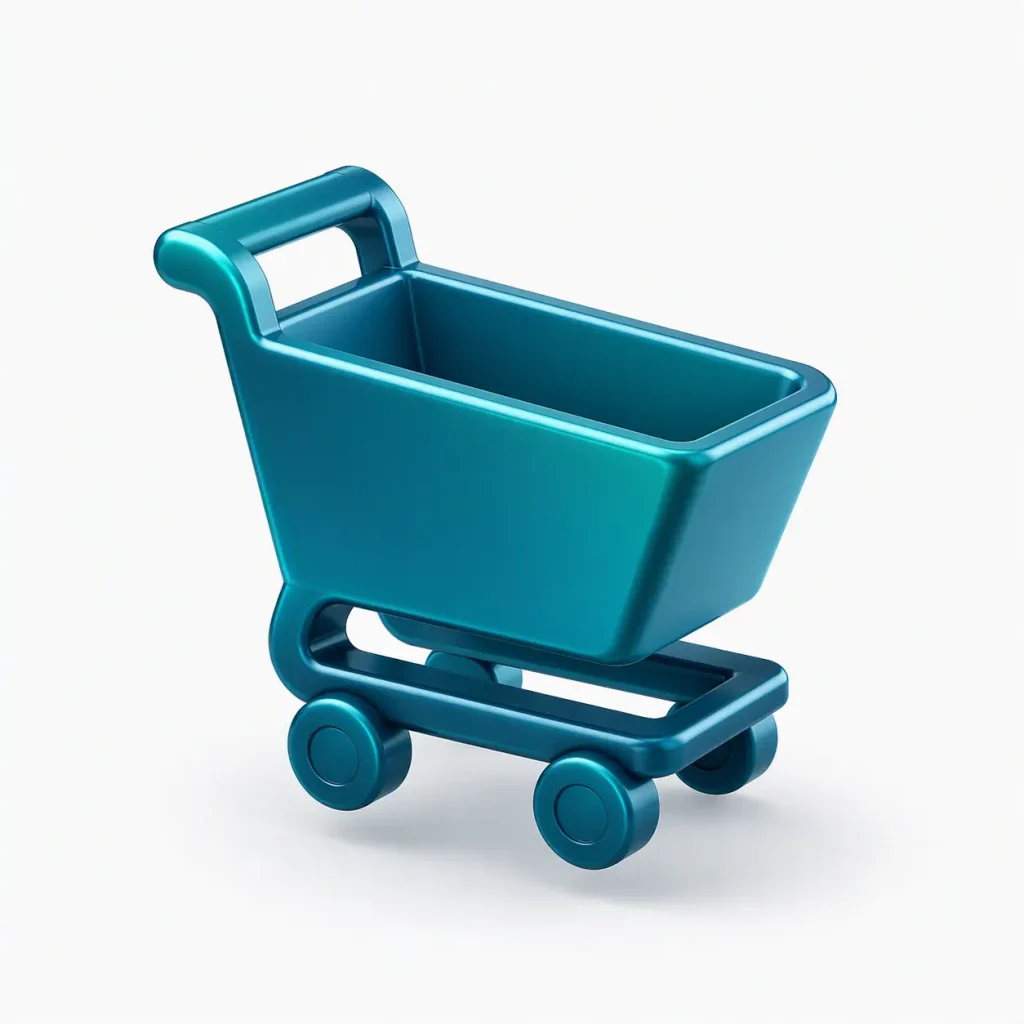 Türkisfarbener Einkaufswagen als Symbol für Onlinehandel und Einkauf.