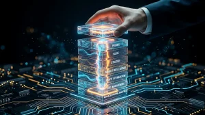 Digitale Visualisierung einer mehrschichtigen Datenplattform für Preisstrategie, Marktanalyse, Kostenmanagement und Gewinnoptimierung. Eine Hand steuert die vernetzten Analyseebenen.