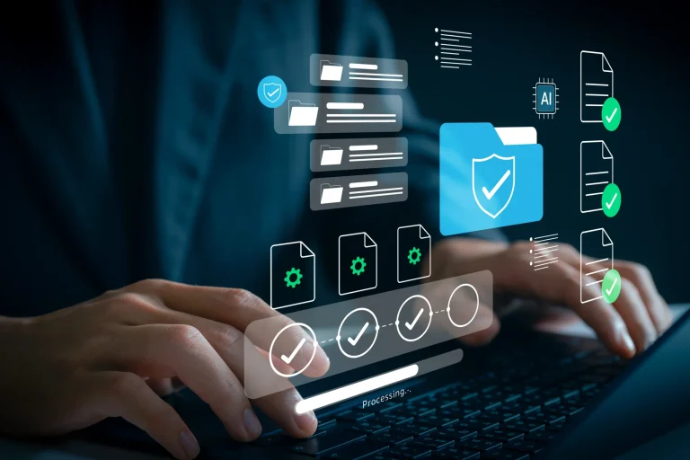 AdobeStock_2061417656 Person arbeitet am Laptop mit digitalen Symbolen für KI-gestützte Dokumentenverwaltung, automatisierte Workflows und sichere Datenverarbeitung.